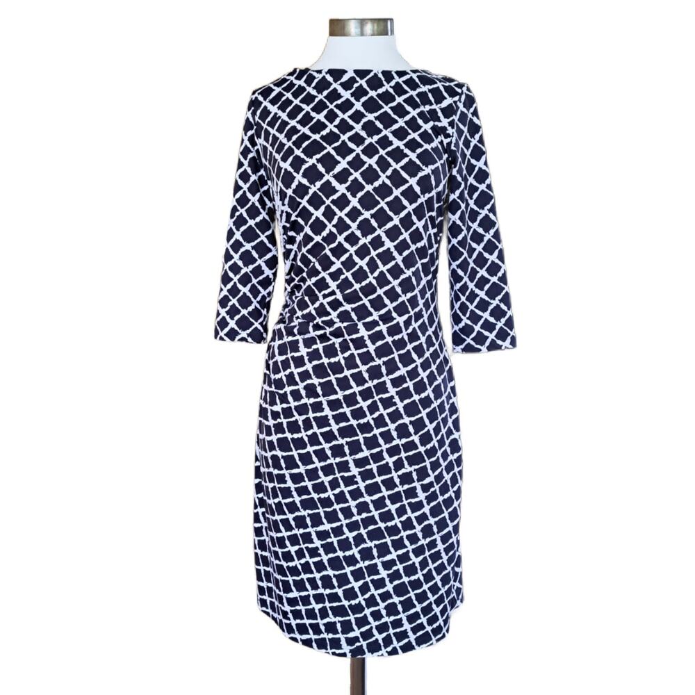 J McLaughlin Sage Side Ruched Sheath Dress Medium Navy White Catalina Cloth